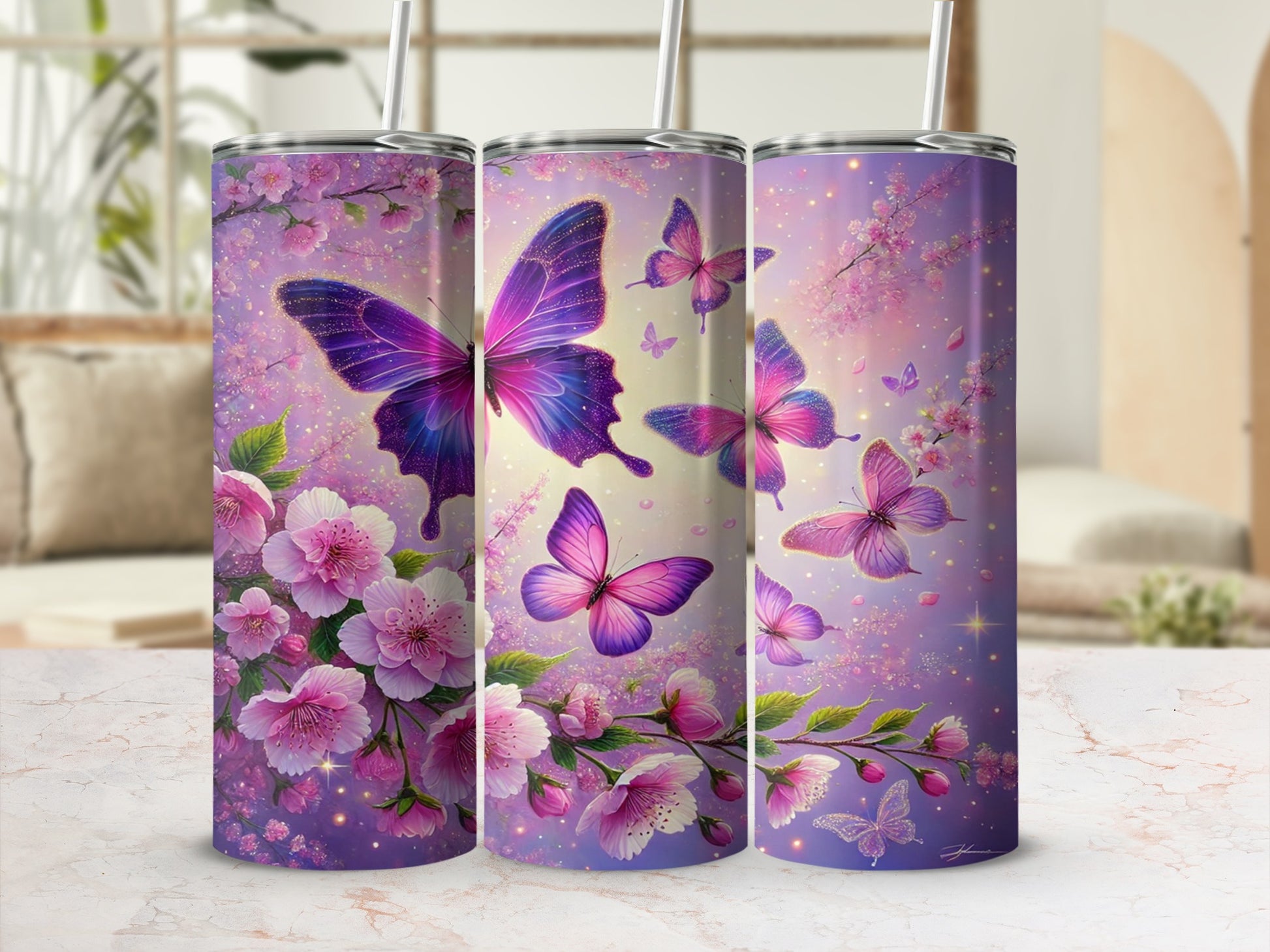 Pink and Purple Butterfly and Flower Drink Tumbler