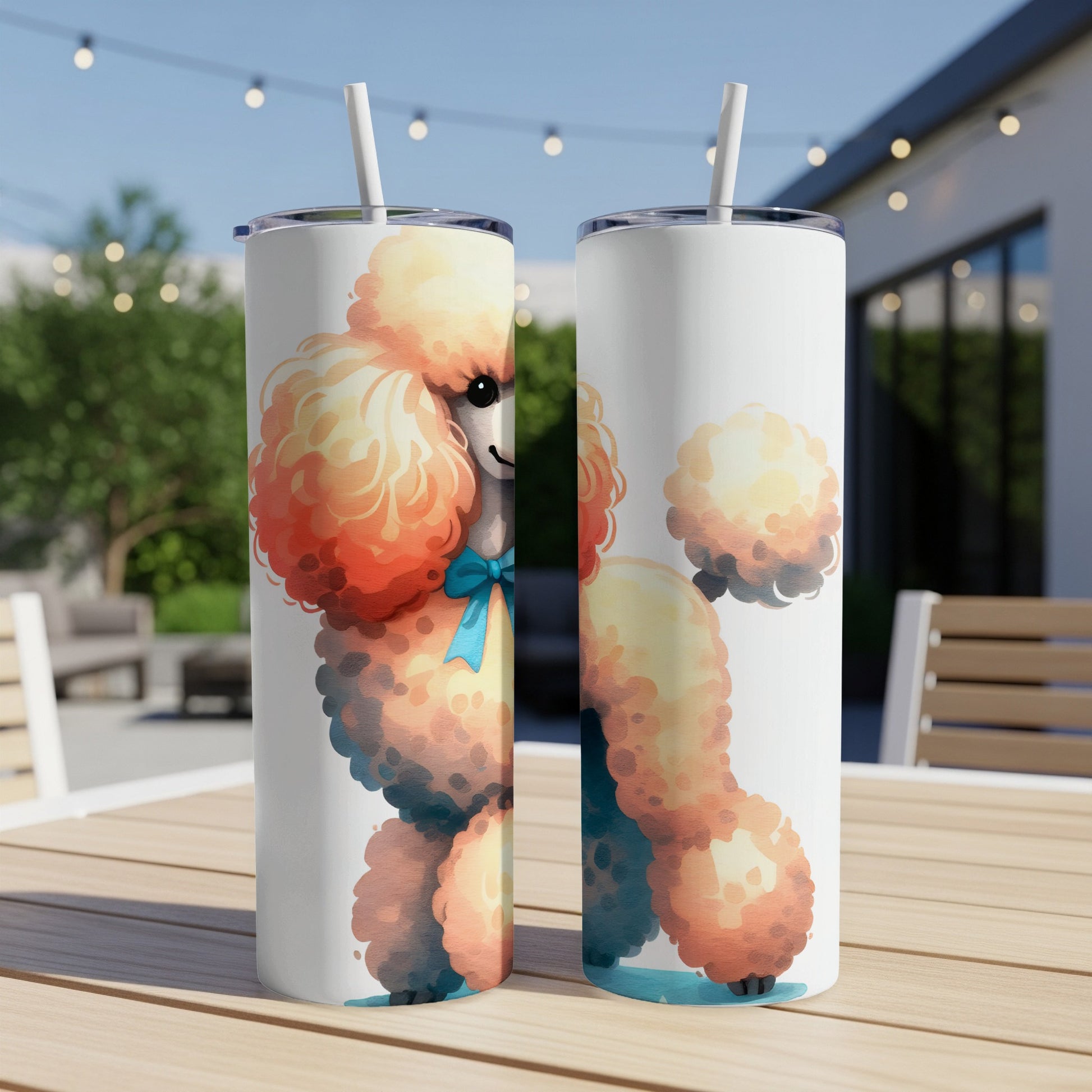 Two tumblers featuring a watercolor poodle wearing a blue bow.