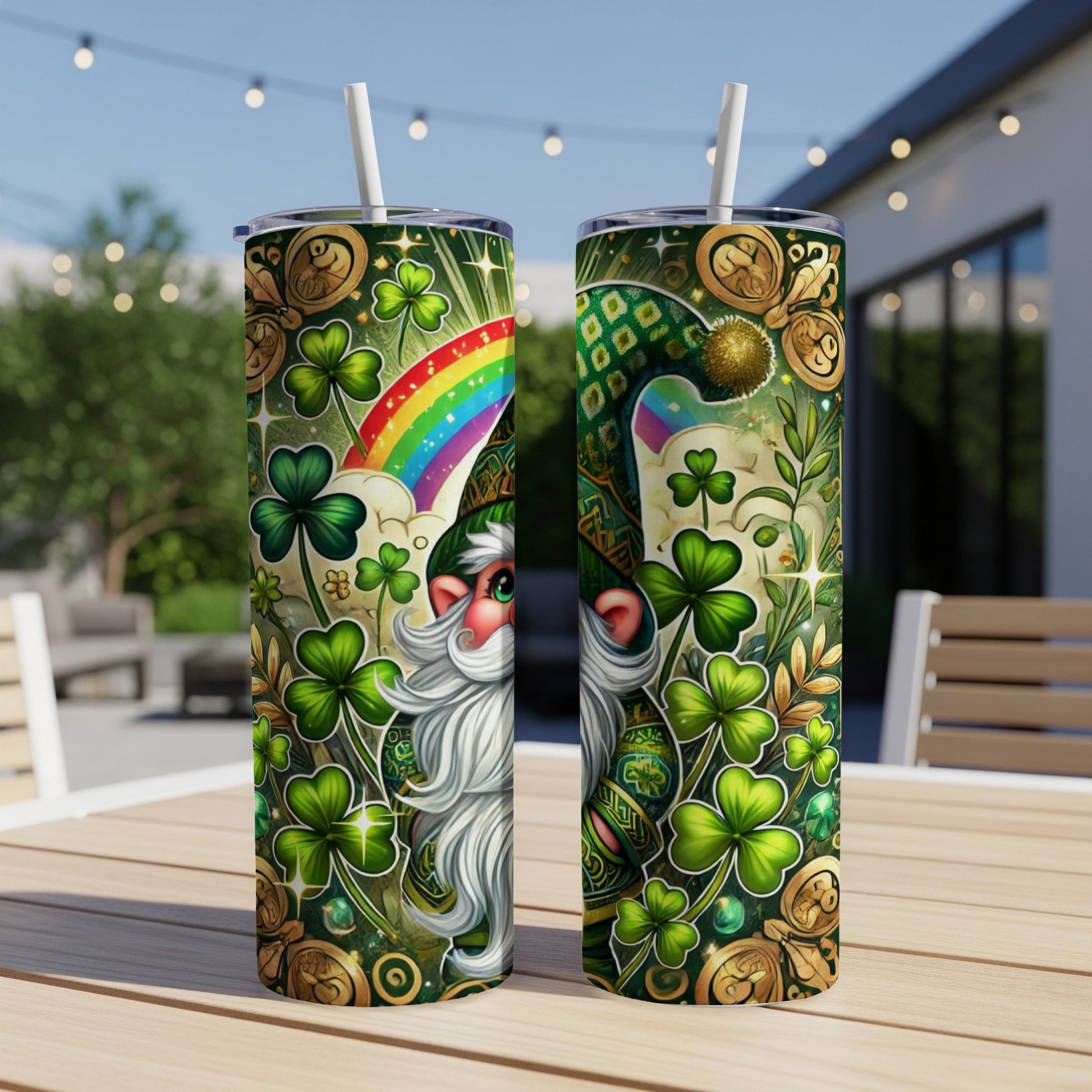 St. Patrick's Day tumbler with gnome, shamrocks, and rainbow.