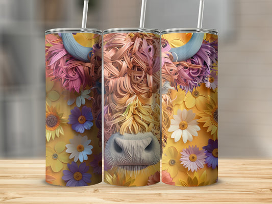 Three tumblers featuring a highland cow face with floral embellishments.