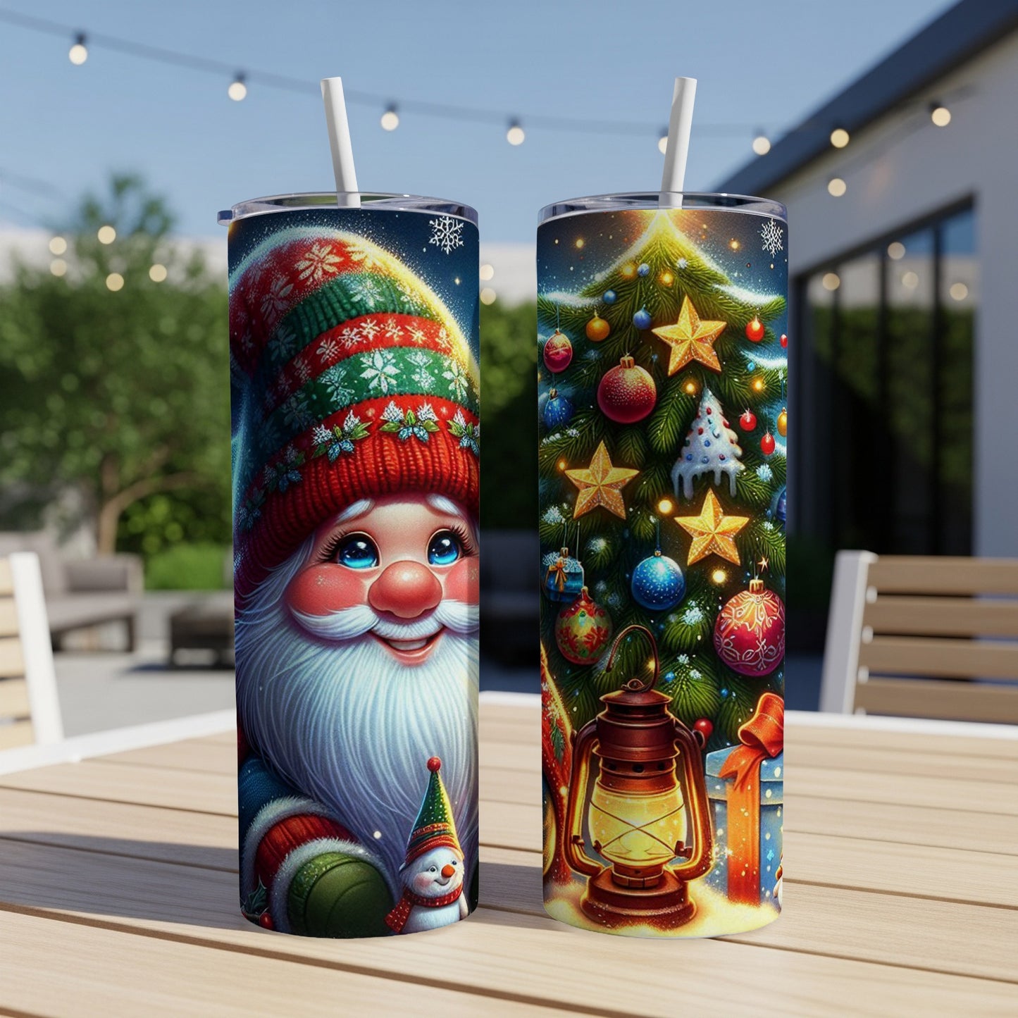 Two Christmas-themed tumblers, one with Santa and snowman, the other with a decorated tree.