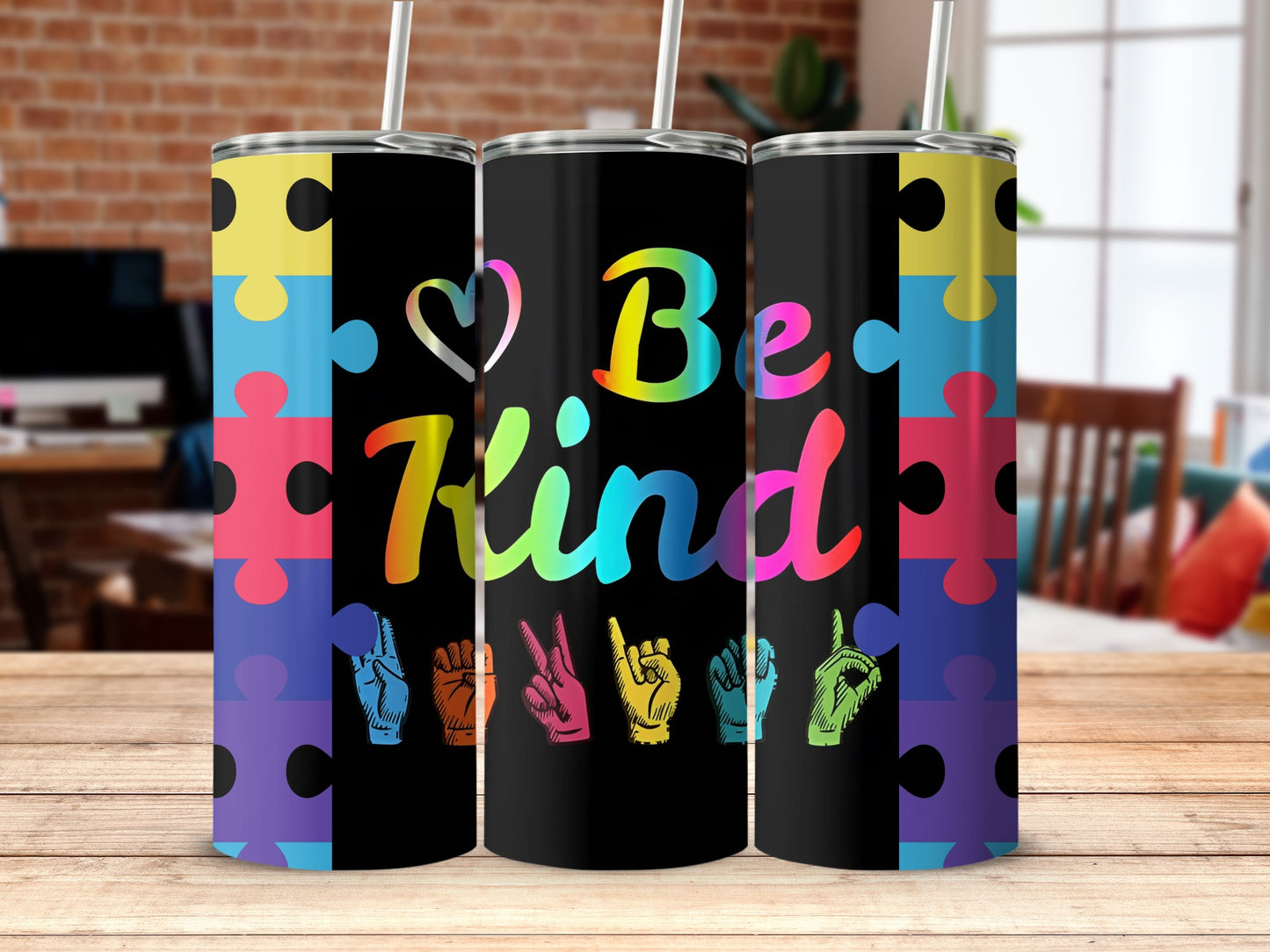 Be Kind Tumbler with Colorful Puzzle Design