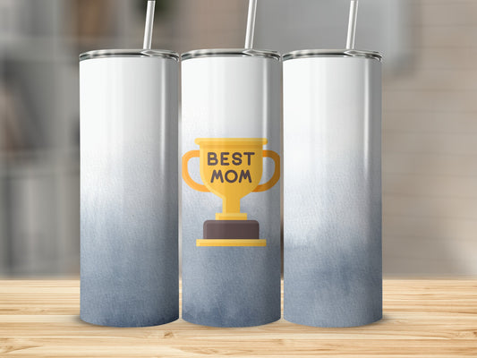 Trophy cup with "BEST MOM" text on a gradient tumbler with straw.