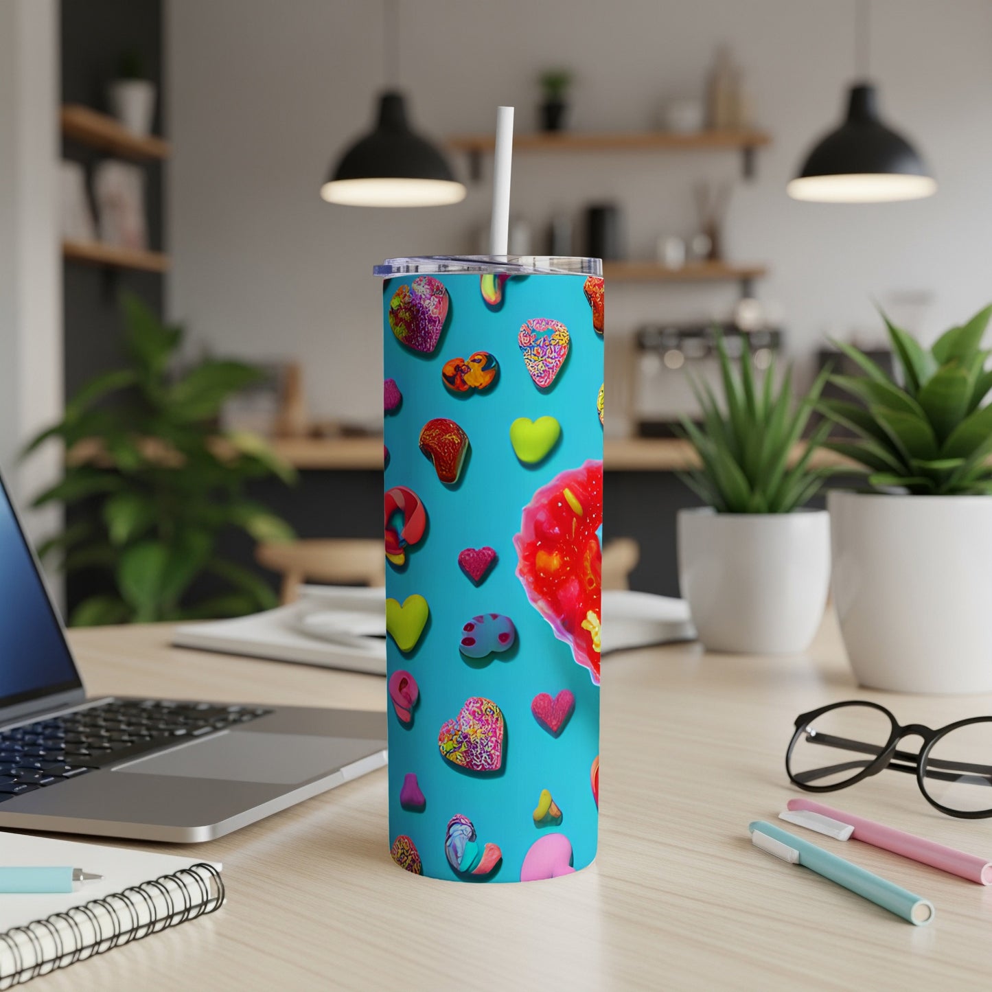 Turquoise tumbler with colorful candy heart and donut pattern, white straw.