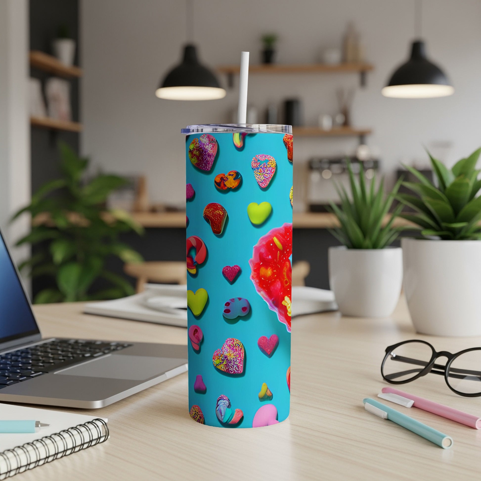 Turquoise tumbler with colorful candy heart and donut pattern, white straw.