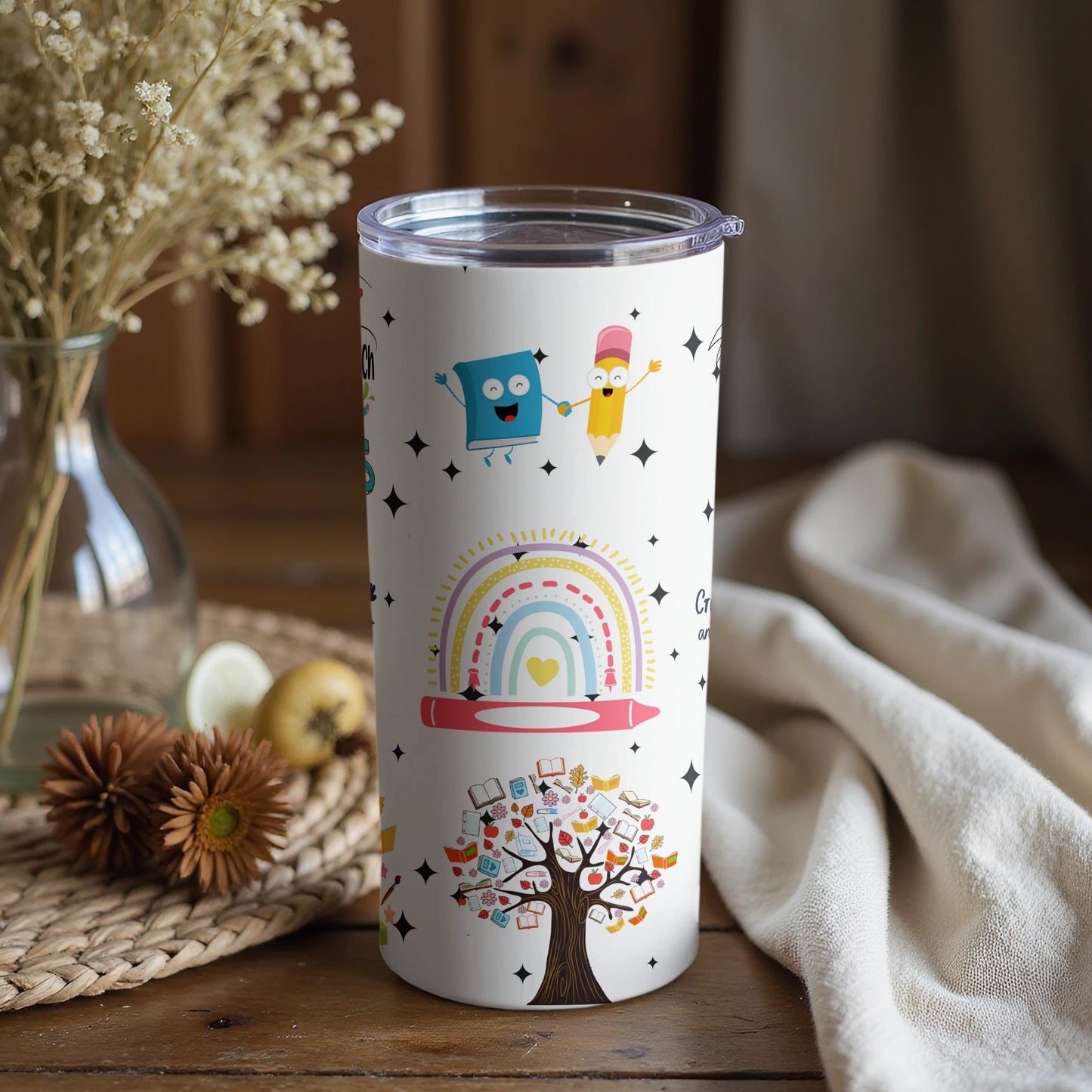 Whimsical Characters and Rainbow Design Tumbler