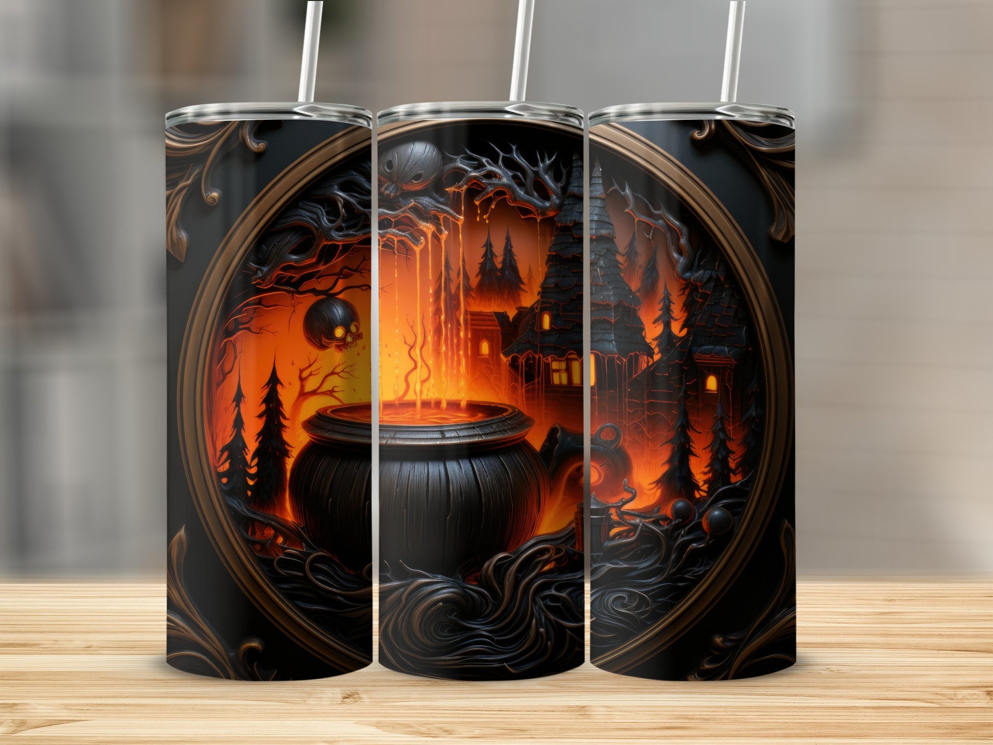 Halloween tumbler with a cauldron, spooky trees, and a dark castle in a circular frame.