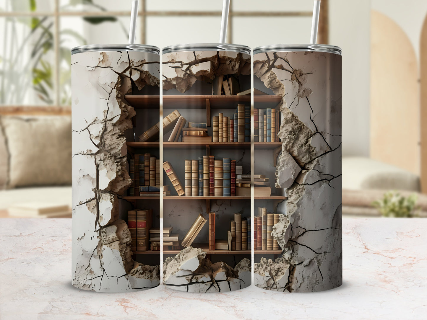 Cracked plaster tumbler with view of bookshelves inside.