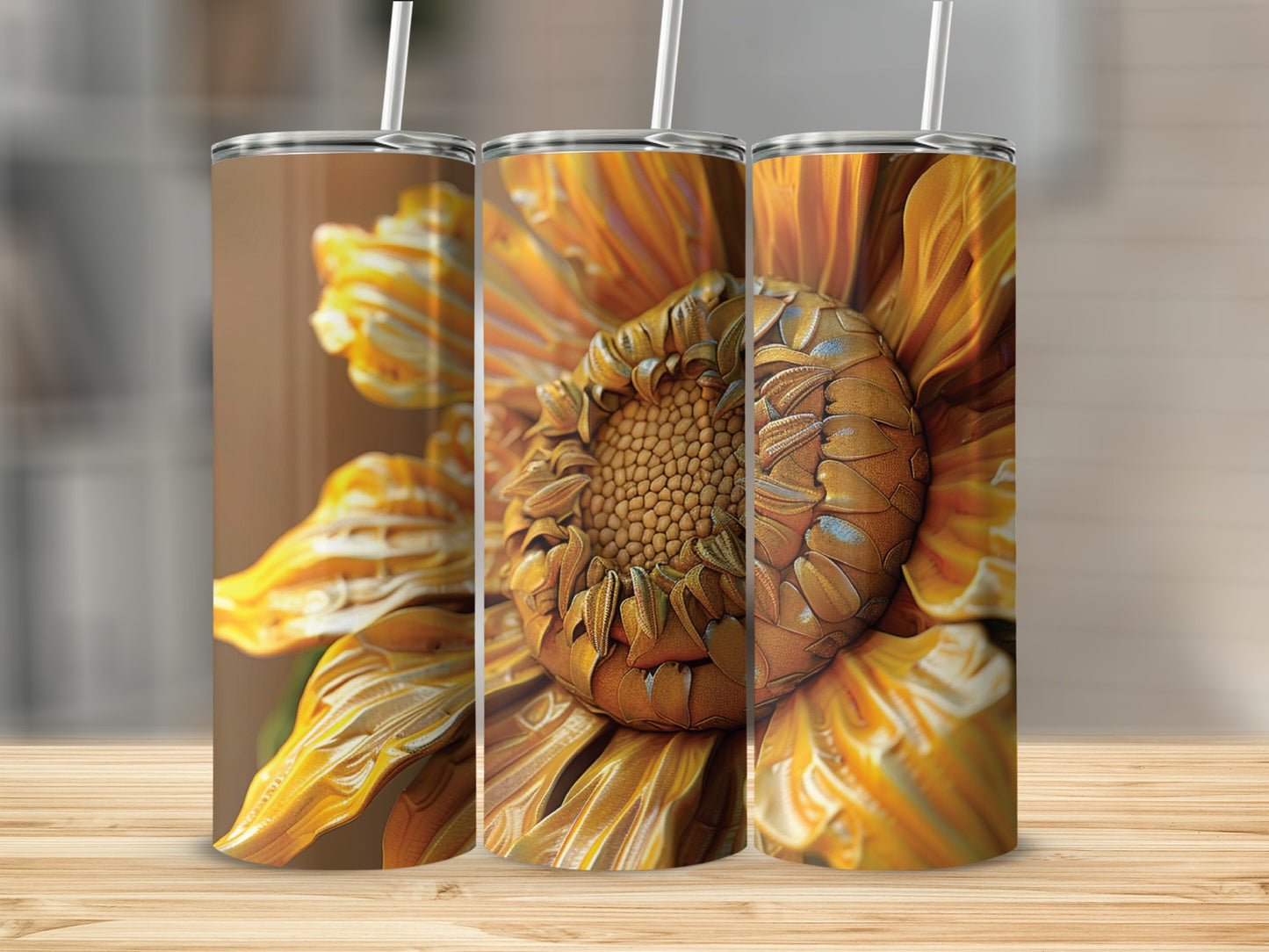 Three tumblers featuring a close-up, detailed sunflower design.