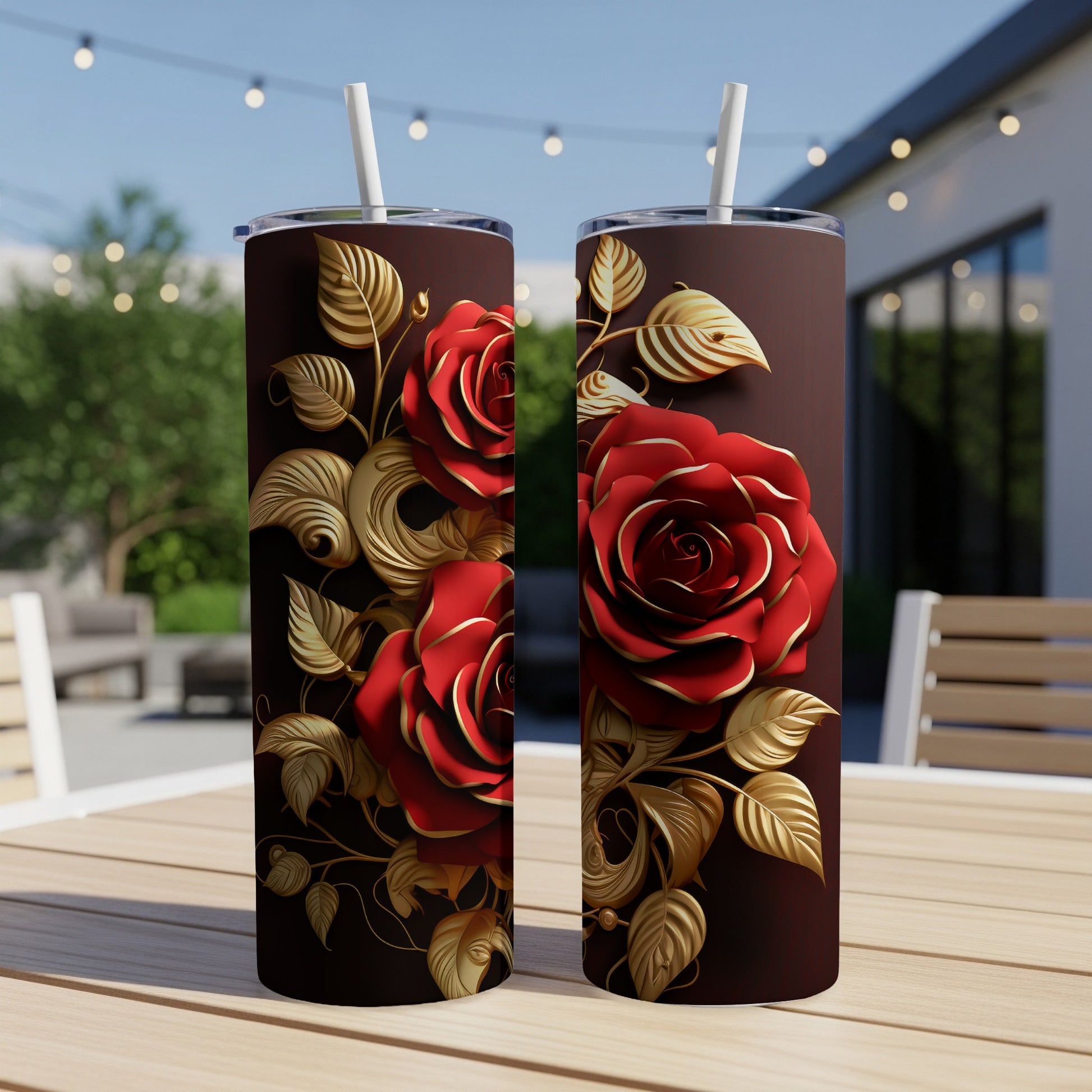 Two red roses with gold leaves on a dark brown tumbler.