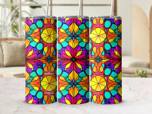 Colorful stained-glass pattern on three tumblers with straws.