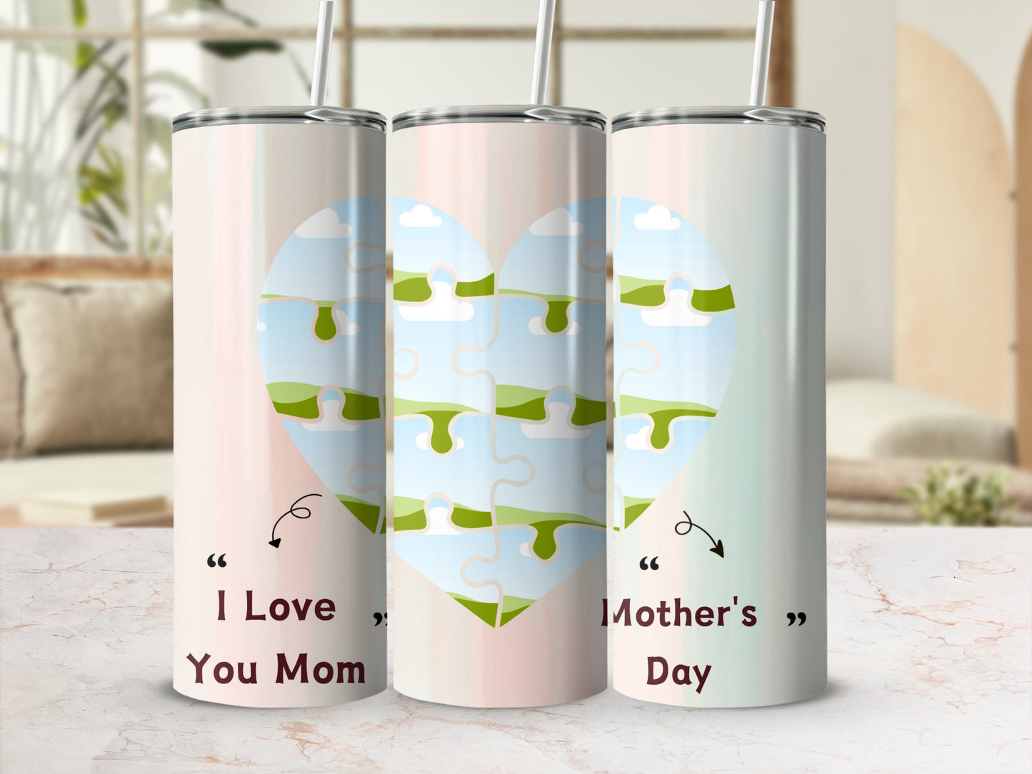 Tumblers with puzzle heart design: "I Love You Mom" and "Mother's Day".