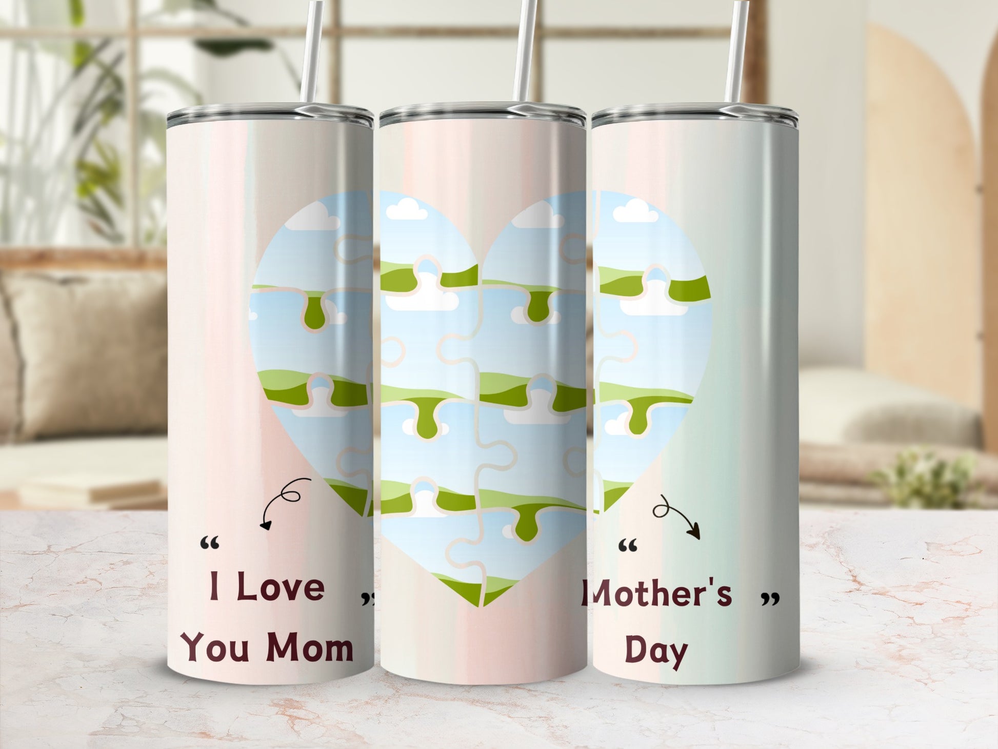 Tumblers with puzzle heart design: "I Love You Mom" and "Mother's Day".