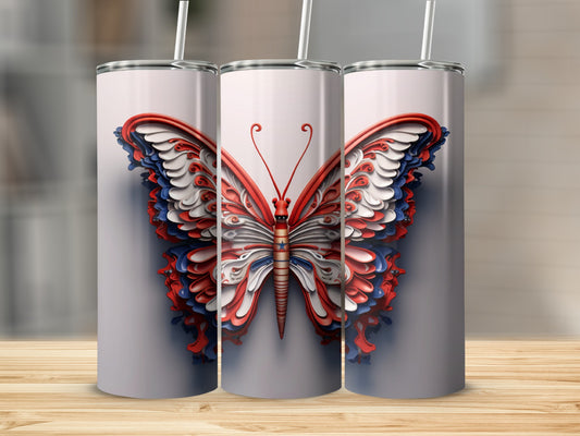 Three tumblers featuring a red, white, and blue butterfly design.