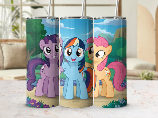 Three My Little Pony characters on colorful tumblers against a blurred background.