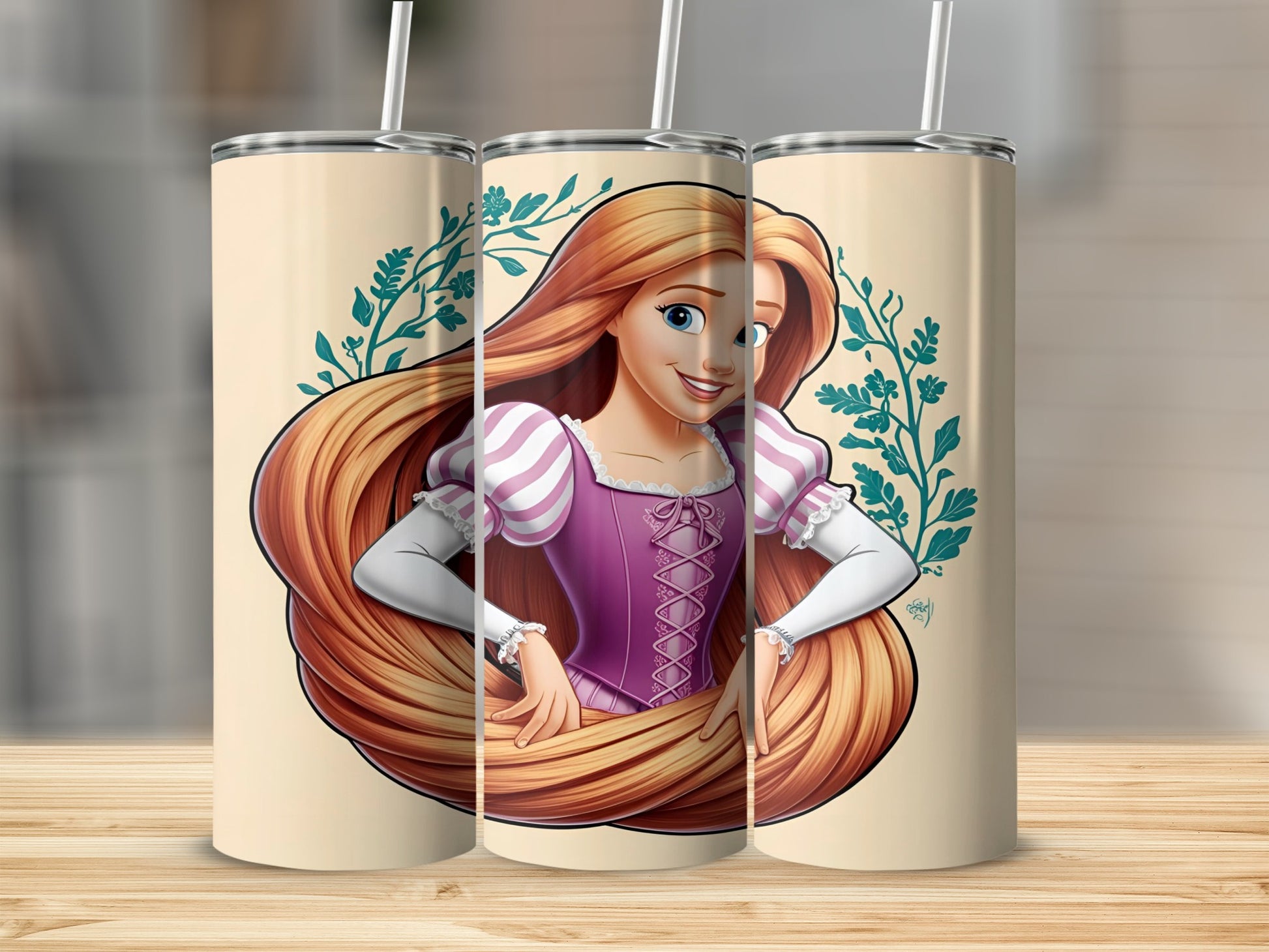 Rapunzel in purple dress, framed by vines, on a tumbler.