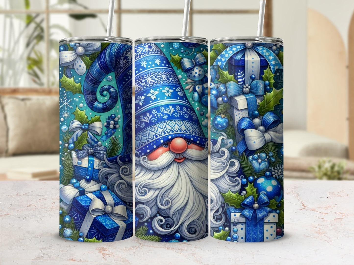 Blue gnome with gifts and snowflakes, festive holiday design on tumbler.