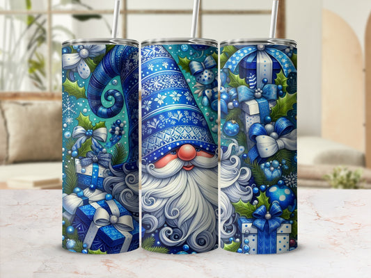 Blue gnome with gifts and snowflakes, festive holiday design on tumbler.