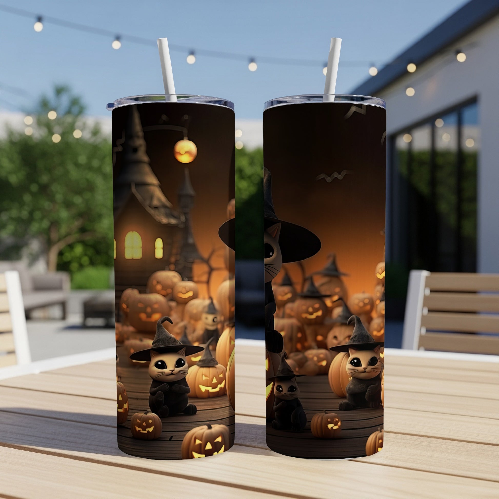 Two tumblers with a spooky Halloween scene featuring black cats and jack-o'-lanterns.