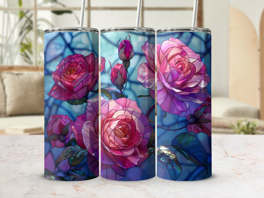 Three stainless steel tumblers with a stained-glass rose design.