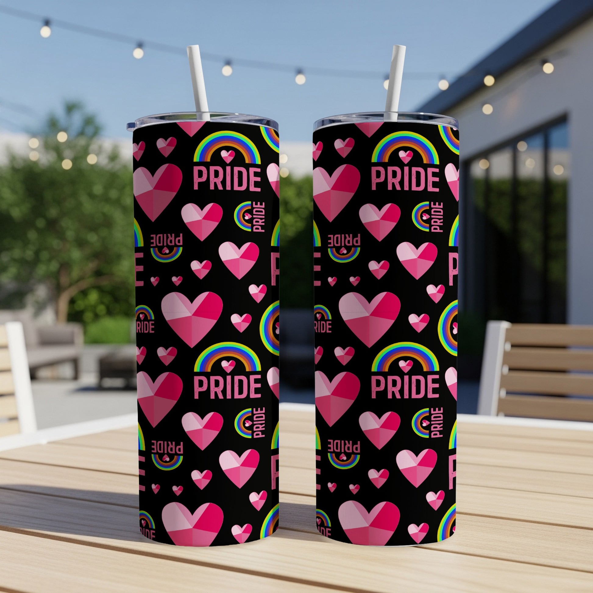 Two tumblers with pride pattern: pink hearts, rainbows, and "PRIDE".