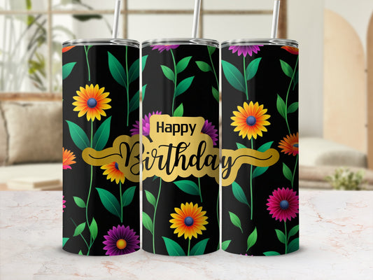 Three tumblers with a black background and colorful floral pattern, reading "Happy Birthday".