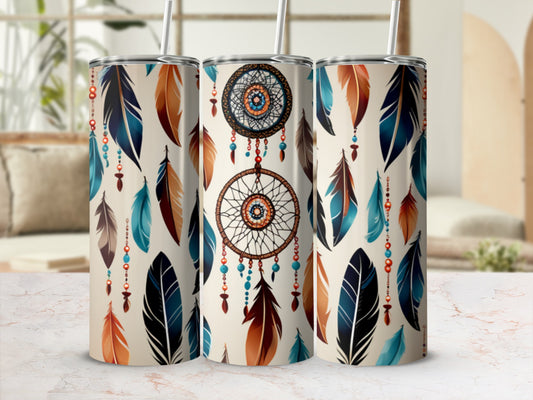 Three tumblers with dreamcatcher and feather designs.
