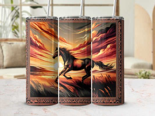 Three tumblers featuring a running horse silhouette against a dramatic sunset landscape.