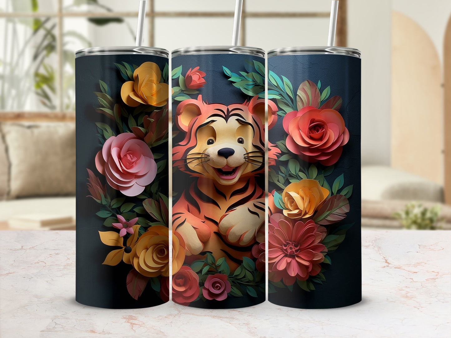 Colorful Tiger and Floral Print Tumbler Cup Design