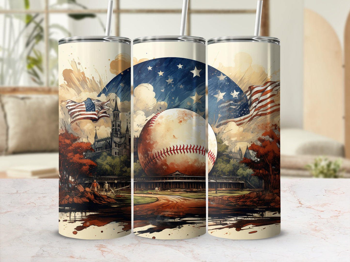 American Flag Baseball Design Tumbler with Scenic Art