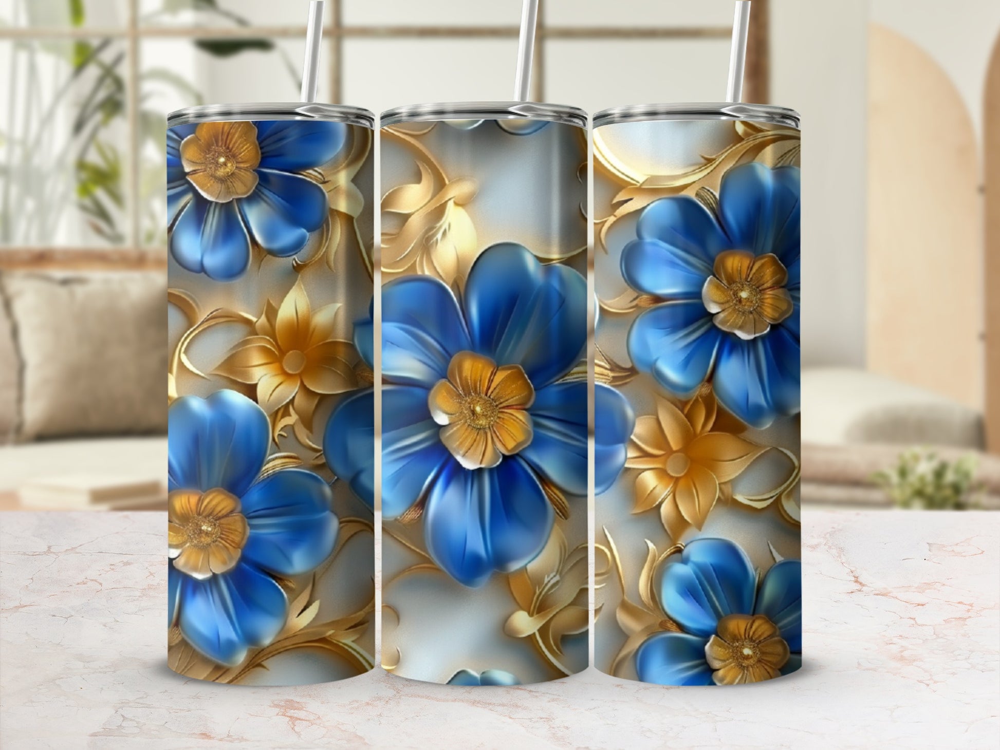 Blue and gold floral pattern on a tumbler.