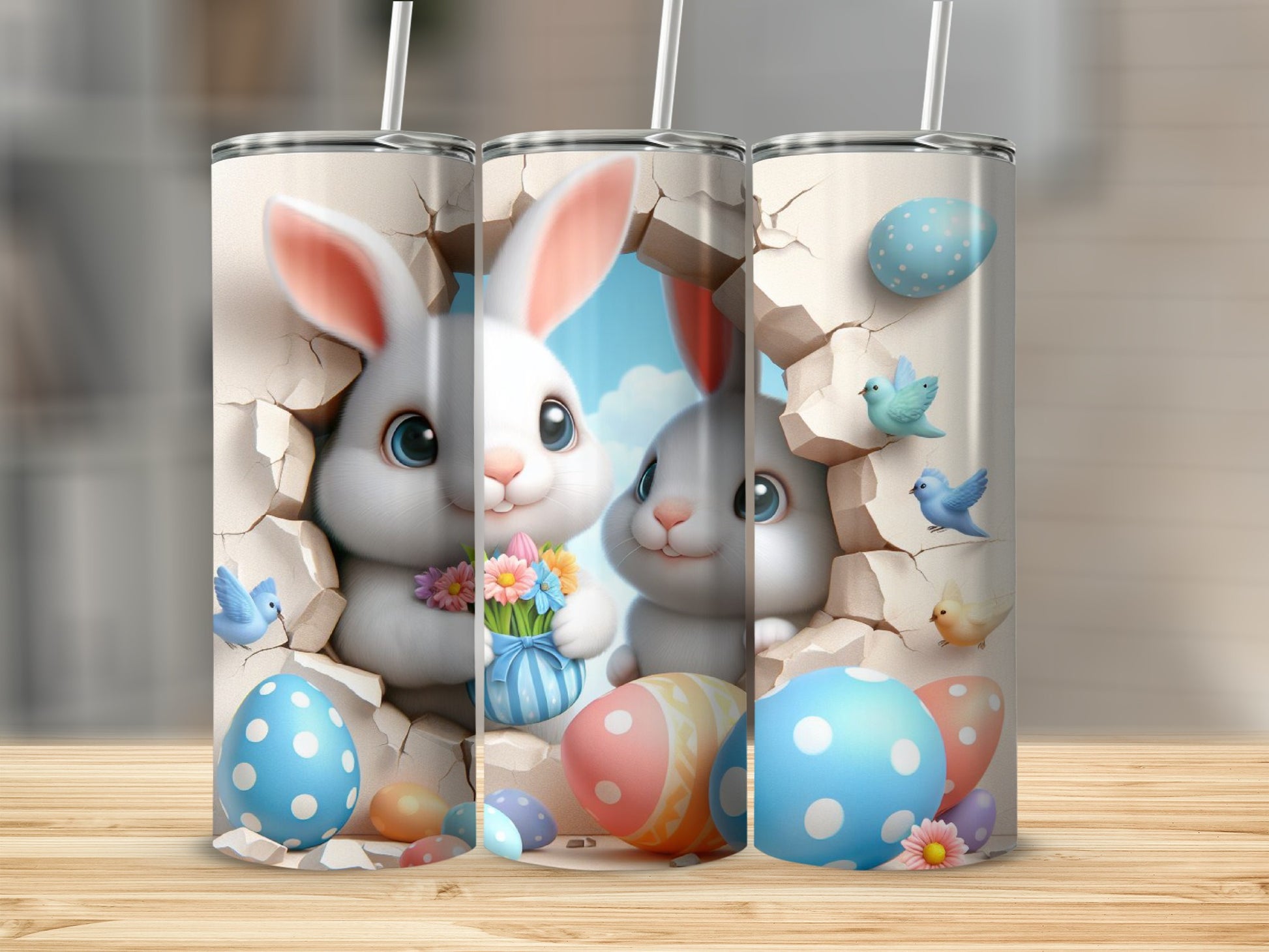 Three Easter bunnies with decorated eggs and bluebirds on a wooden surface.