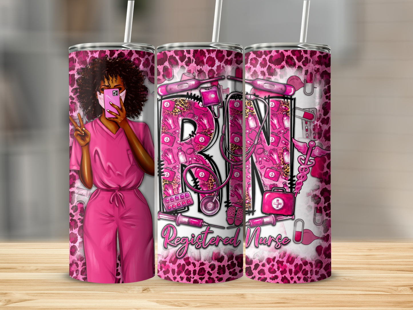 Pink leopard print tumbler with a nurse and "RN Registered Nurse" text.
