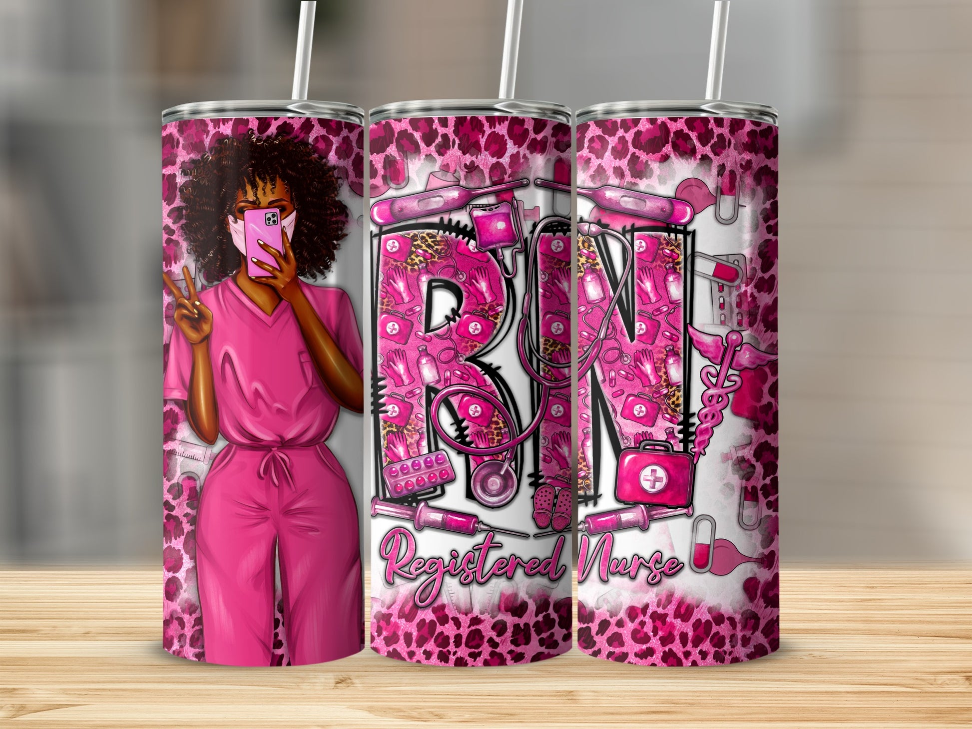 Pink leopard print tumbler with a nurse and "RN Registered Nurse" text.