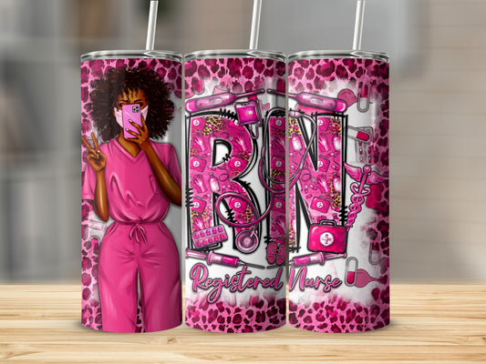 Pink leopard print tumbler with a nurse and "RN Registered Nurse" text.