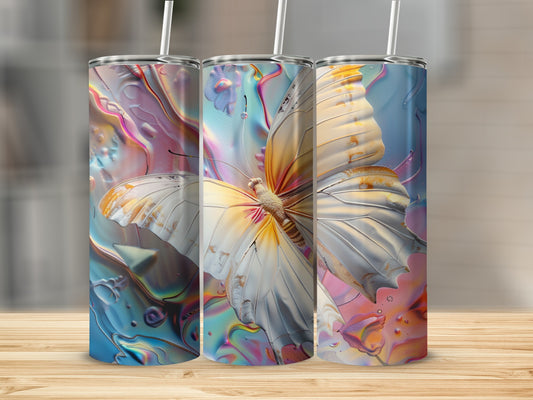 Three tumblers featuring a detailed white butterfly design with iridescent background.