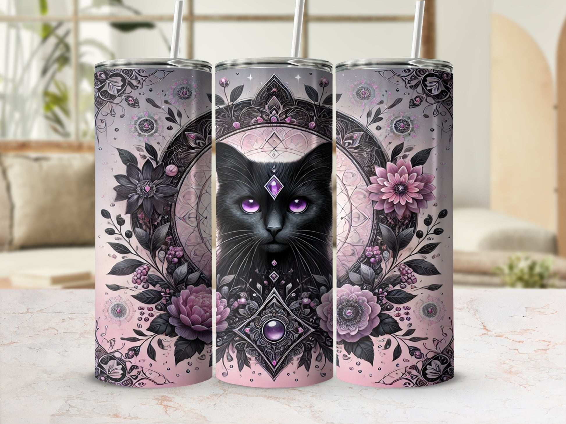 Gothic Cat and Floral Design Stainless Steel Tumblers
