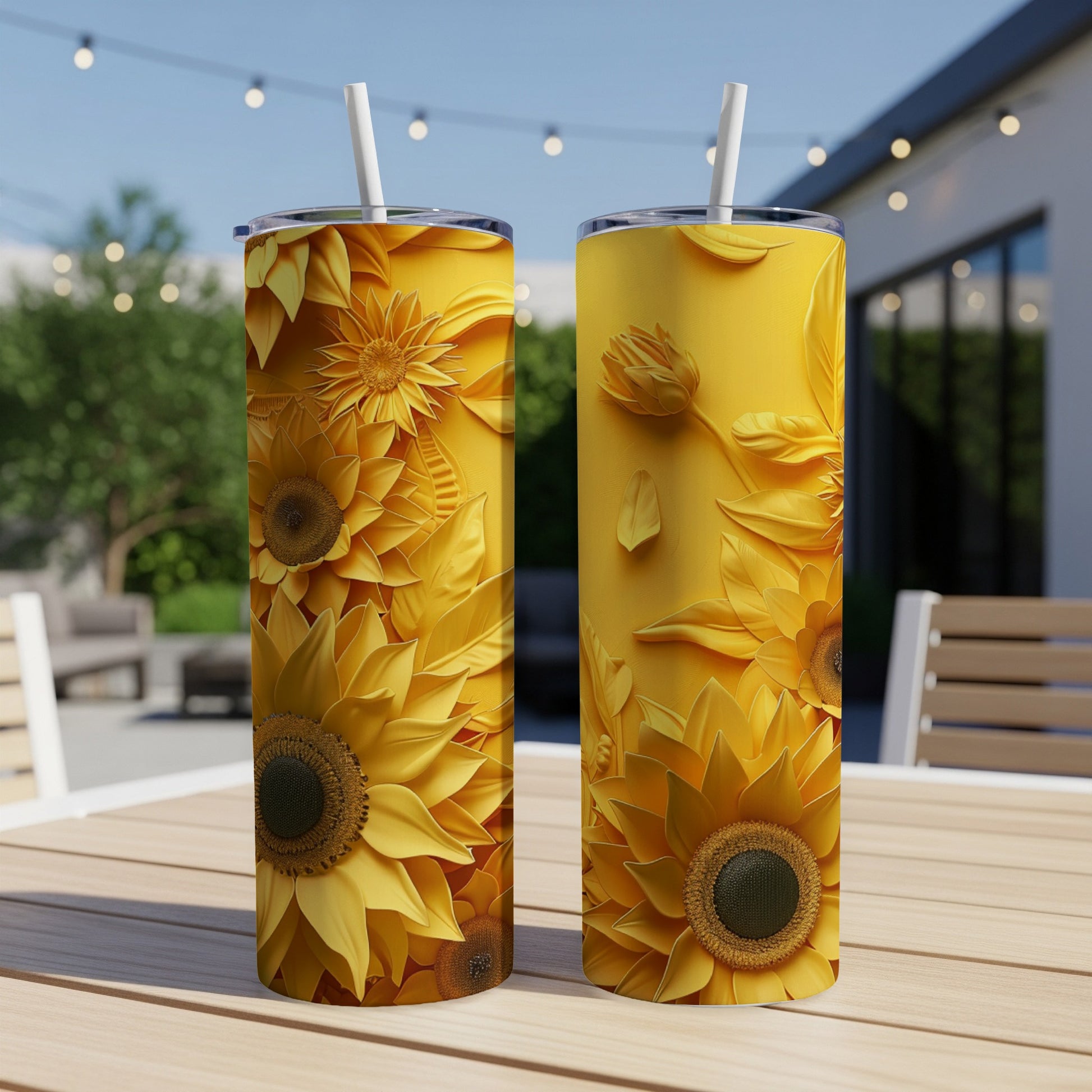 Two yellow tumblers with embossed sunflower designs sit on a wooden table outdoors.