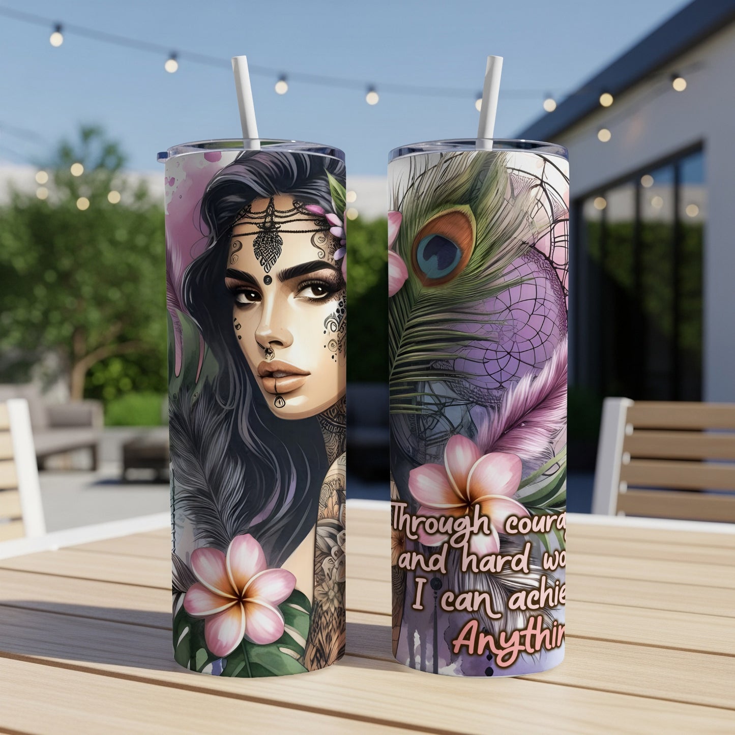 Two tumblers with tattooed woman and peacock feather design, text reads "Through courage and hard work I can achieve anything".