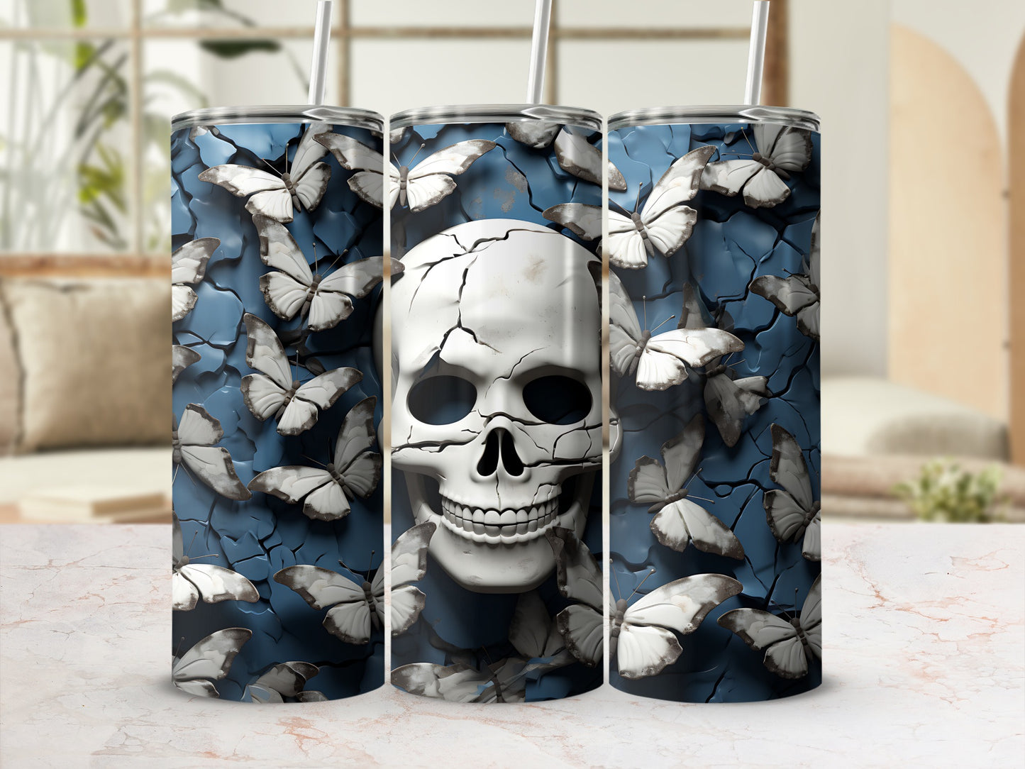 White cracked skull surrounded by white butterflies on a textured blue background.