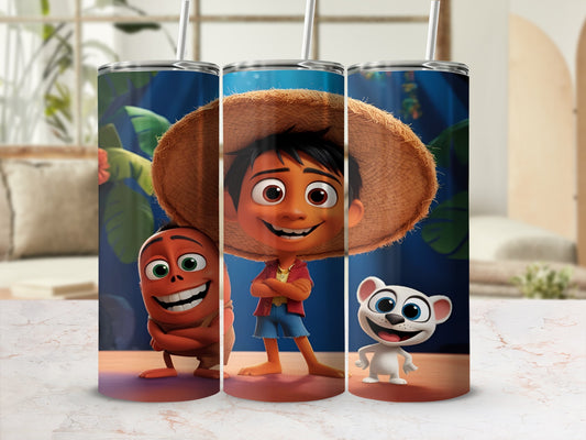 Three animated characters, a boy with a straw hat, and two animal friends, on a tumbler.