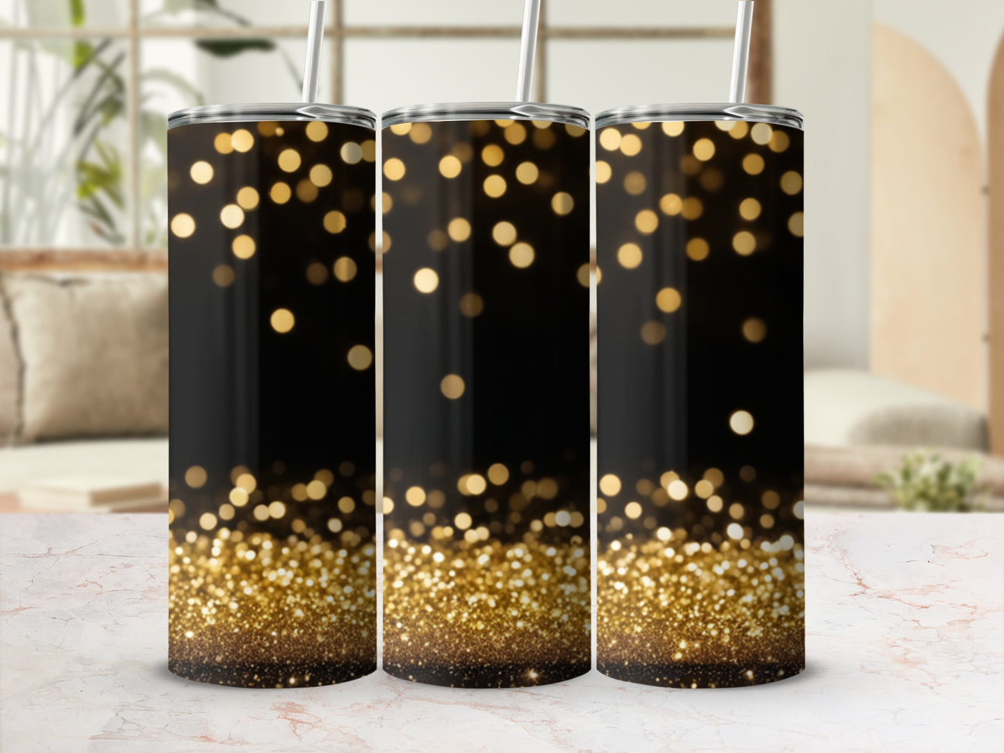 Black tumbler with gold bokeh glitter design and straw.
