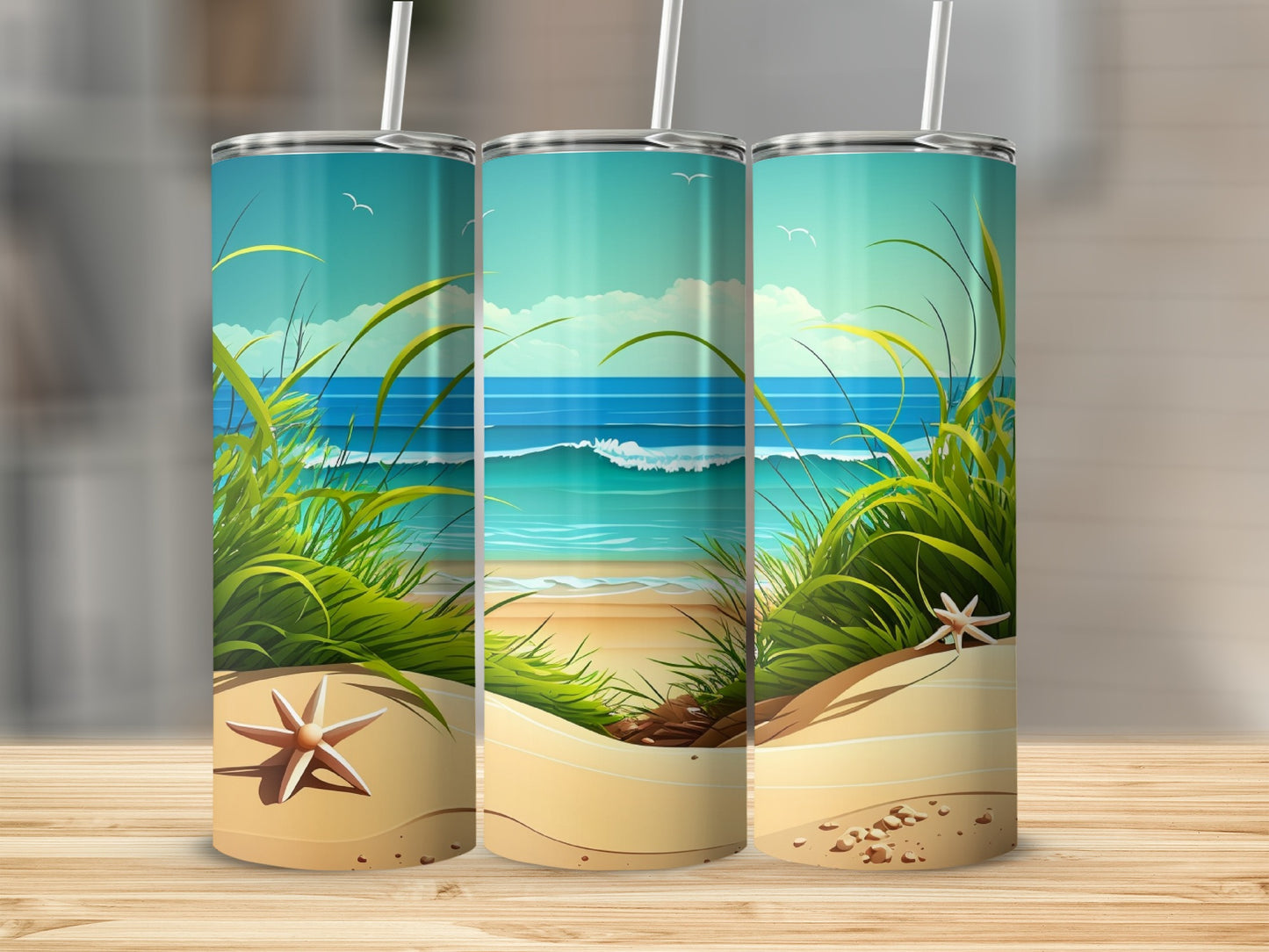 Beach Ocean Waves Starfish Sand Dunes Grass Sky Birds product type
