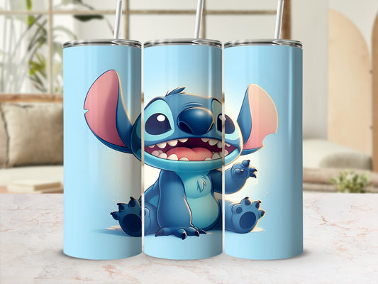 Three tall tumblers featuring Stitch from Disney's Lilo & Stitch smiling.