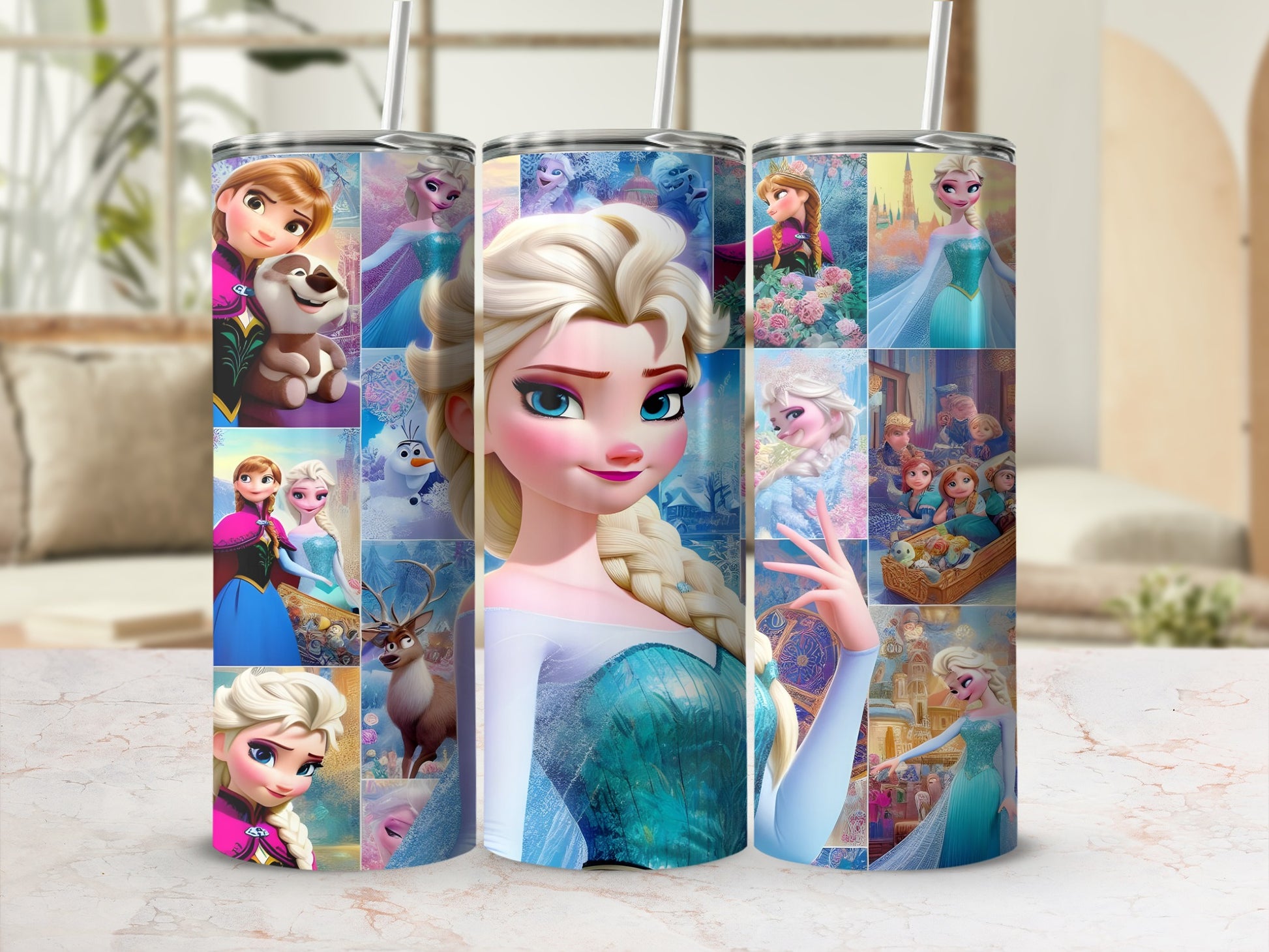 Collage of Elsa from Frozen, featuring multiple scenes and characters.
