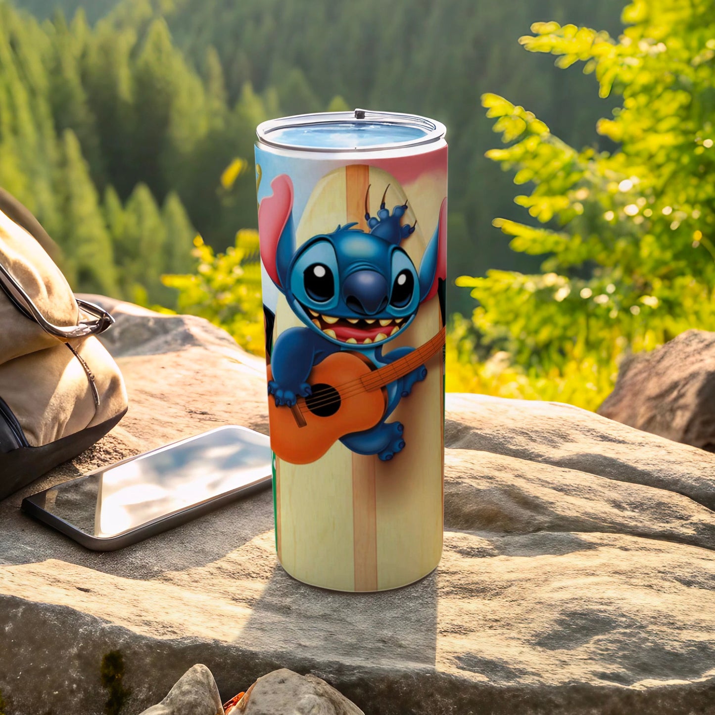 Cute Blue Character With Guitar Design Tumbler Cup