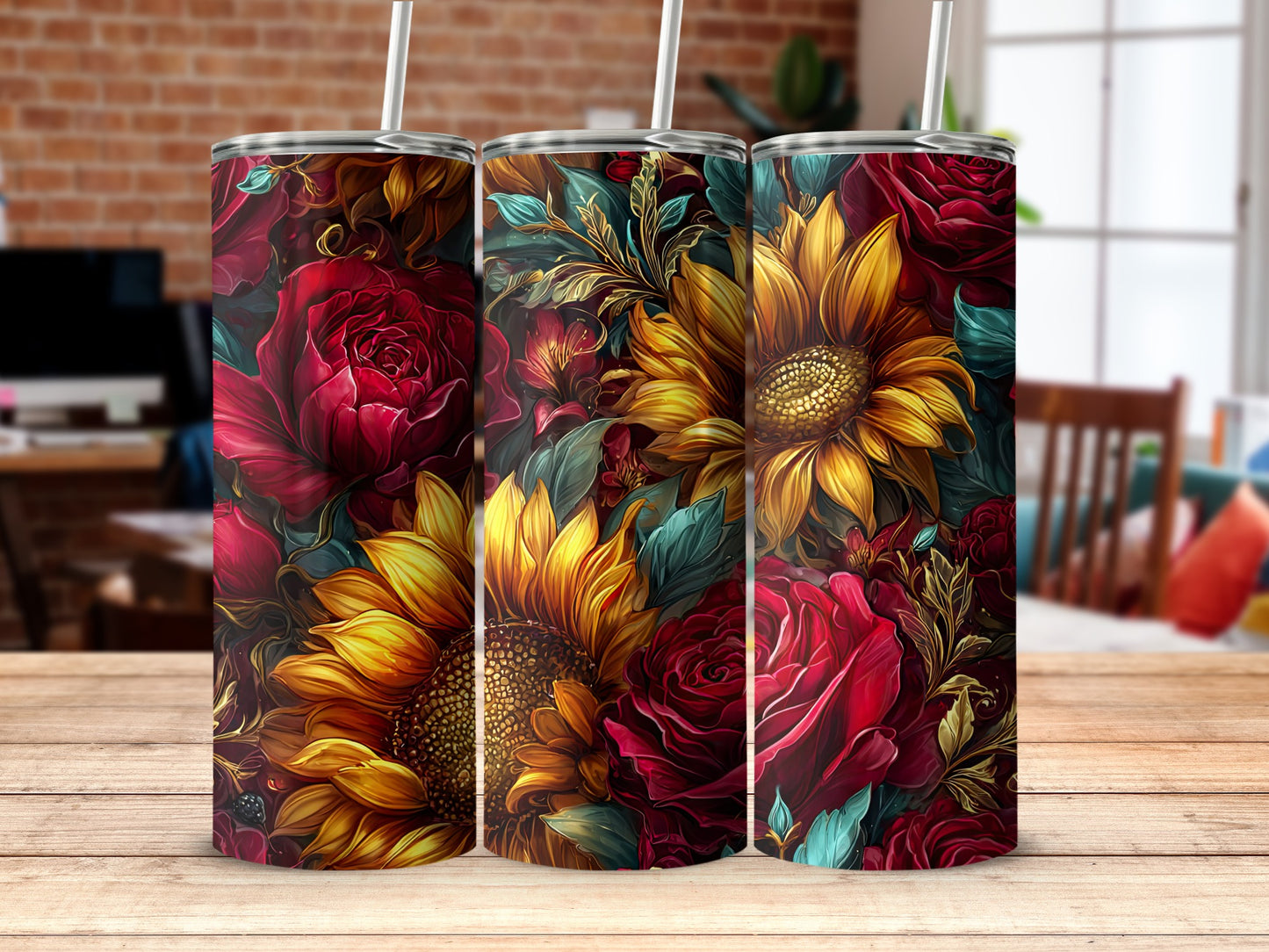 Vibrant Floral Design Tumblers with Sunflowers and Roses