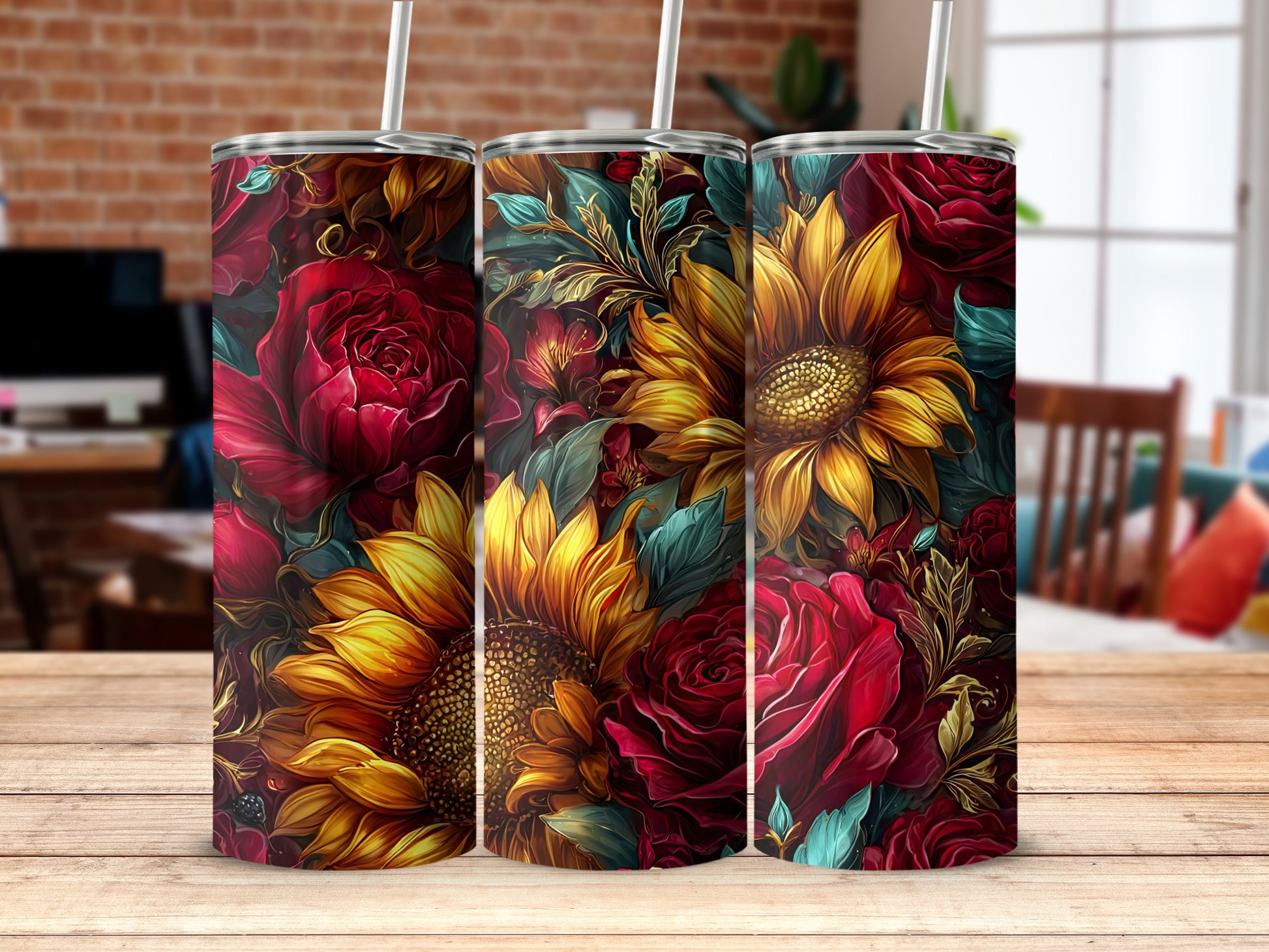 Vibrant Floral Design Tumblers with Sunflowers and Roses