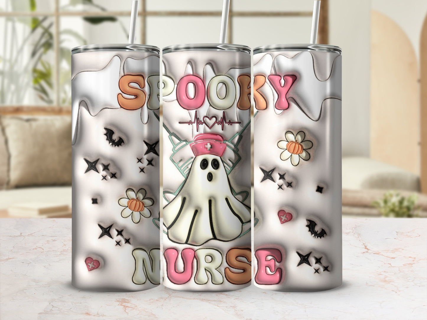 Spooky Nurse ghost design on a white tumbler with straws.