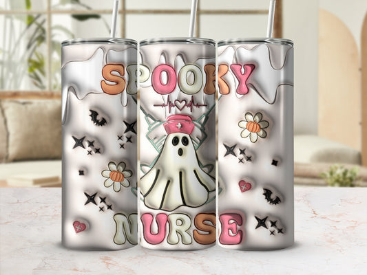 Spooky Nurse ghost design on a white tumbler with straws.